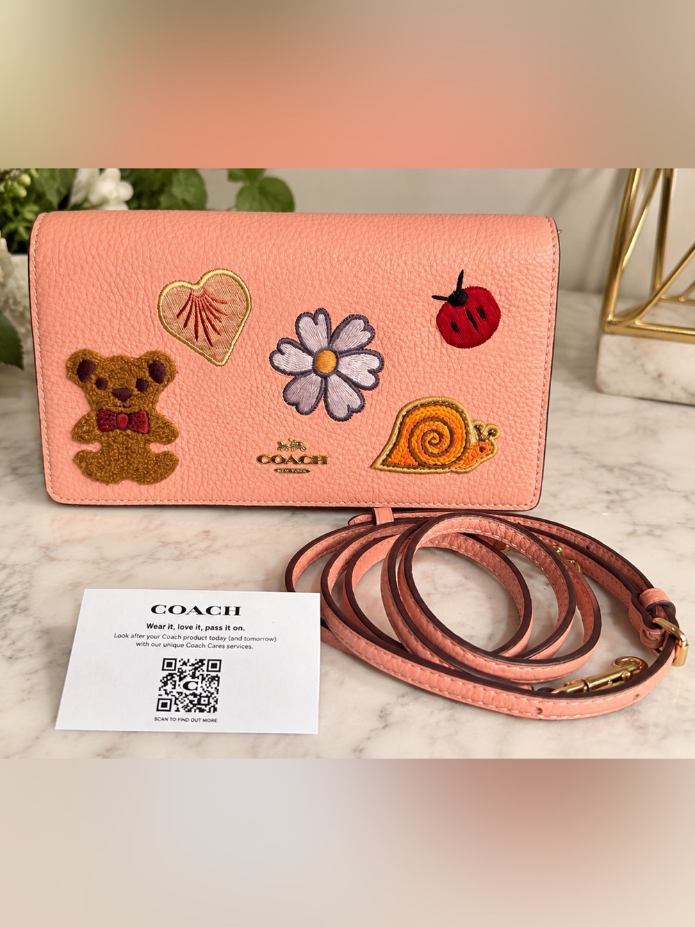 Coach CC469 Anna Creature Patches Pink Leather Crossbody Clutch NWOT